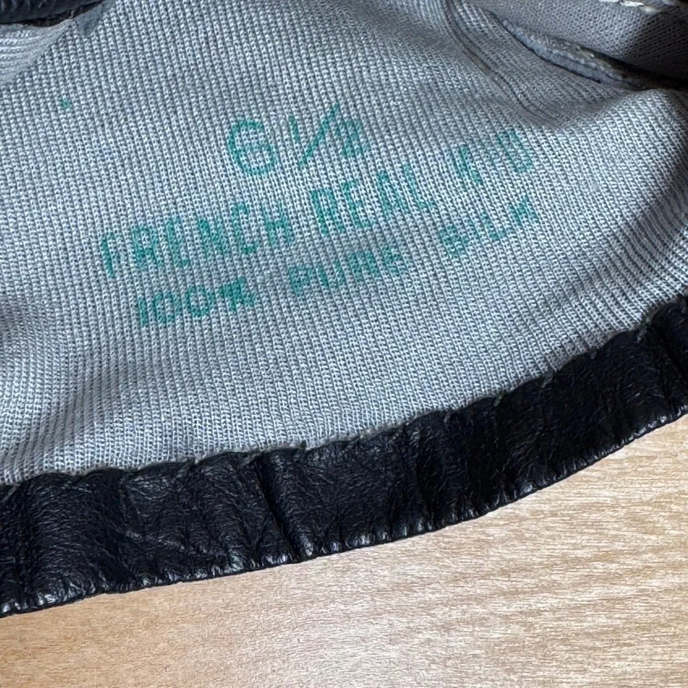 Vintage French Real Kid Black Leather Silk Lined Gloves‎ Women Size 6.5 France